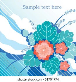 Abstract white-and-turquoise background with decorative red flowers and foliage
