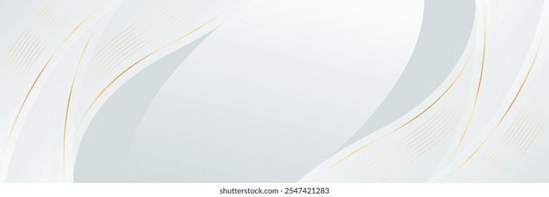 Abstract white-gray luxury banner background with gold lines. Elegant wave modern wallpaper. Suitable for templates, banners, sales, ads, events, awards, web pages, and headers