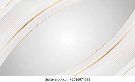 Abstract white-gray luxury curve background with gold lines. Elegant minimalist wallpaper design for banner, templates, presentation, brochure, cover, website, page and more