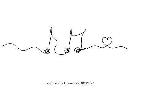 Abstract whole note with heart as continuous lines drawing on white background.Vector