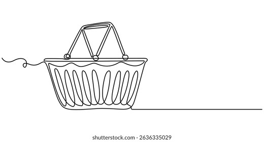 Abstract wicker empty basket, wicker rods, pannier. continuous single one line art hand drawing sketch logo,  empty shopping basket in silhouette sketch on a white background. Linear stylized, minimal