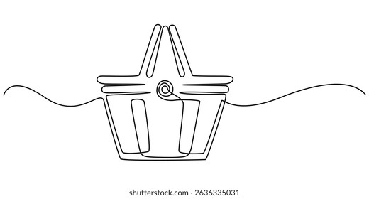 Abstract wicker empty basket, wicker rods, pannier. continuous single one line art hand drawing sketch logo,  empty shopping basket in silhouette sketch on a white background. Linear stylized, minimal