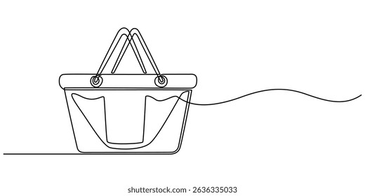 Abstract wicker empty basket, wicker rods, pannier. continuous single one line art hand drawing sketch logo,  empty shopping basket in silhouette sketch on a white background. Linear stylized, minimal