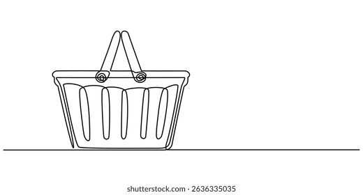 Abstract wicker empty basket, wicker rods, pannier. continuous single one line art hand drawing sketch logo,  empty shopping basket in silhouette sketch on a white background. Linear stylized, minimal