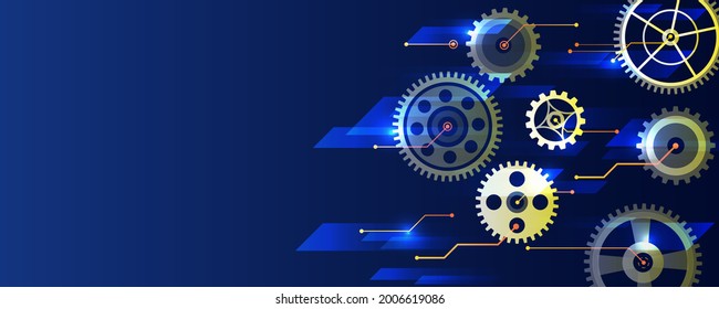 Abstract wide gears background. Hi-tech digital technology and engineering. Mechanism with integrated gears for business presentations or web banner.