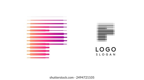 Abstract wide letter F, logo with horizontal gradient lines, dynamic gradient logotype for tech companies, software development, and innovative brands. Vector illustration.