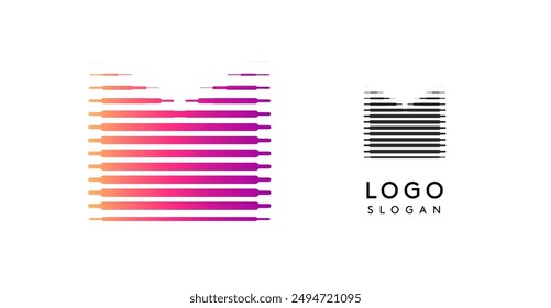 Abstract wide letter M, logo with horizontal gradient lines, dynamic gradient logotype for tech companies, software development, and innovative brands. Vector illustration.