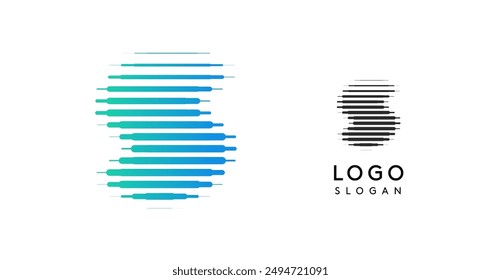 Abstract wide letter S, logo with horizontal gradient lines, dynamic gradient logotype for tech companies, software development, and innovative brands. Vector illustration.
