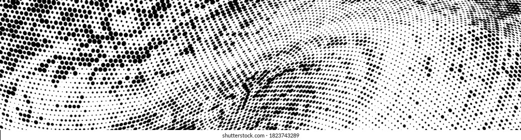 Abstract wide monochrome grunge halftone pattern. Round spots.. Half tone panoramic vector illustration with dots. Modern polka dot background for web design, leaflets, print