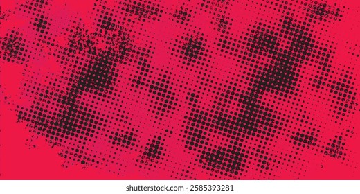 Abstract wide monochrome grunge halftone pattern. Red spots on black background. Half tone panoramic vector illustration with dots