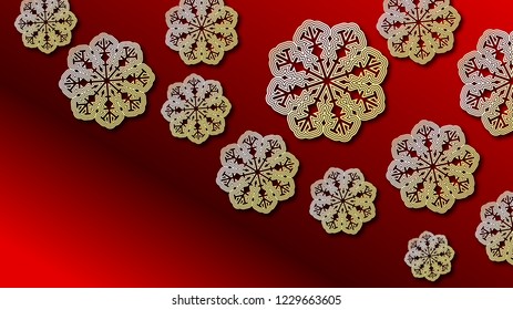 Abstract wide red background with golden snowflakes and shadows.