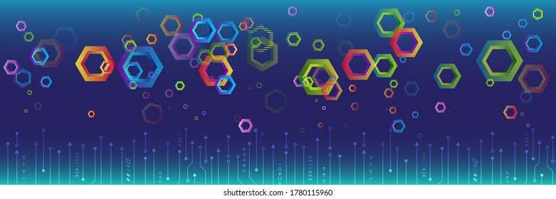 Abstract Wide Technology background with colorful hexagons. Futuristic digital innovation background. Hi-tech communication concept.