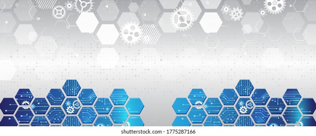 Abstract wide technology background with hexagons and gear wheels. Hi-tech circuit board vector illustration.