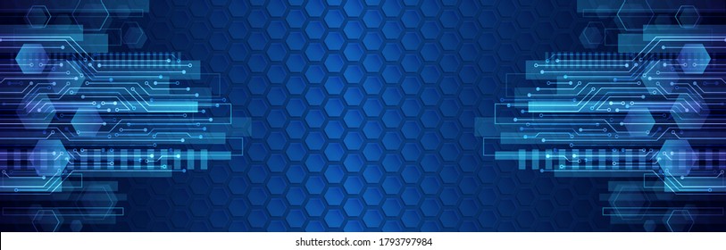 Abstract wide technology background with hexagons and gear wheels. Hi-tech circuit board vector illustration.