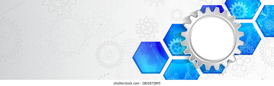 Abstract wide technology background with hexagons and gear wheels. Hi-tech circuit board vector illustration. Sci fi concept on the grey cover.