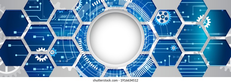 Abstract wide technology background with hexagons and gear wheels. Hi-tech circuit board vector illustration. Sci fi concept on the blue cover.