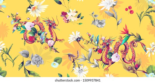 Abstract wide vintage seamless background pattern. Field flowers with leaves, camomile and chinese dragon behind on yellow. Hand drawn, vector - stock.