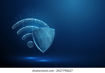 Abstract Wi-Fi symbol behind blue futuristic guard shield Safe wireless internet technology protection concept  Low poly style Geometric background. Wireframe light connection Modern 3d graphic Vector
