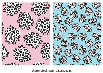 Abstract Wild Animal Skin Seamless Vector Pattern. Black and White Spots on a Light Pink and Pastel Blue Background. Funny Geometric Repeatable Design.