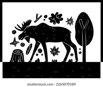 Abstract wild and domesticated animal elk. Cute moose flat hand drawn illustration. Black deer, reindeer with antlers. Woodland animal character with lettering. Forest fauna. Zoo mammal. Elk clipart. 