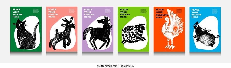 Abstract wild and domesticated  animals: cat, goat, horse, ram, rooster, pig. Set of contemporary asian art print templates. Ink animals with place for text and geometrical shapes on the background