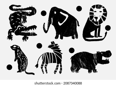 Abstract wild and domesticated  animals: crocodile, elephant, lion, gopher, zebra, hippo. Set of contemporary asian art print templates. Ink, vector illustration