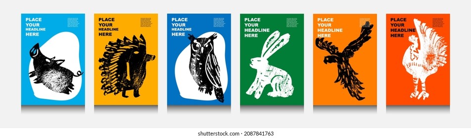 Abstract wild and domesticated  animals: pig, hedgehog, owl, hare, parrot, rooster. Set of contemporary asian art print templates. Ink animals with place for text and geometrical shapes