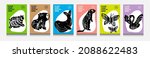 Abstract wild and domesticated  animals: ram, capybara, whale, gopher, butterfly, swan. Set of contemporary asian art print templates. Ink animals with place for text and geometrical shapes