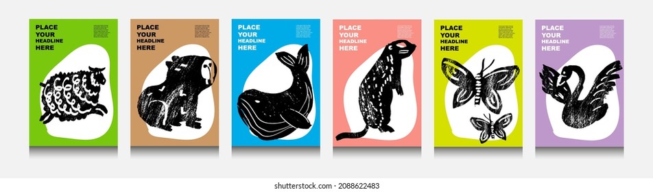 Abstract wild and domesticated  animals: ram, capybara, whale, gopher, butterfly, swan. Set of contemporary asian art print templates. Ink animals with place for text and geometrical shapes