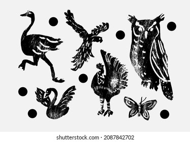 Abstract wild and domesticated  birds: Ostrich, eagle, owl, swan, rooster, butterfly. Set of contemporary asian art print templates. Ink, vector illustration