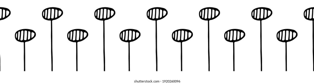 Resumen del borde de vectores de cabeza de flores silvestres sin soldadura. de fondo. Altas semillas y tallos herbaciosos de flores. Banner minimalista en blanco y negro. Diseño estilizado moderno. Obra de arte botánico monocromática