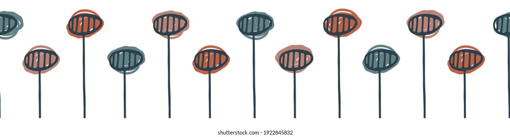 Abstract wild flower seed head seamless vector border. background. Tall herbacious flower seeds and stems. Black and white minimalist banner. Modern stylised design. Monochrome botanical art work