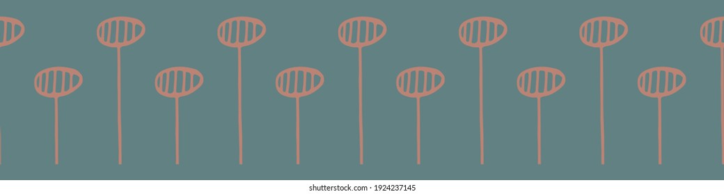 Abstract wild flower seed head seamless vector border. background. Tall herbacious flower seeds and stems. Teal and pink minimalist banner. Modern stylised design. Monochrome botanical art work