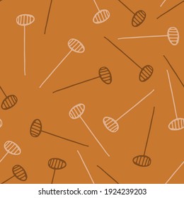 Abstract wild flower seed head seamless vector pattern background. Floating herbacious flower seeds and stems. Warm ochre brown backdrop. Modern stylised line art design. Monochrome botanical repeat
