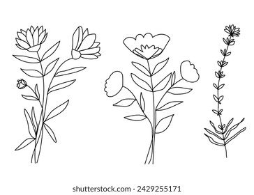 Abstract von Wildblumen und Blättern. Botanische Vektorelemente. Handgezeichnete Linie Zweige und Blüte. Hochzeit elegante Wildblumen für Einladung speichern Sie die Datumskarte. 
