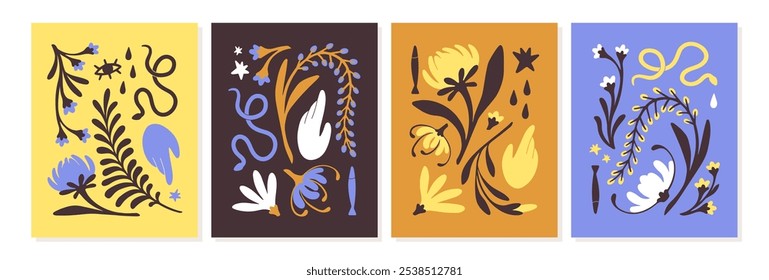 Abstract wild flowers posters set. Wildflowers, bloom plants, leaves, occult snakes. Stylish home decor, floral wall art. Modern interior decoration with blossom nature. Flat vector illustrations