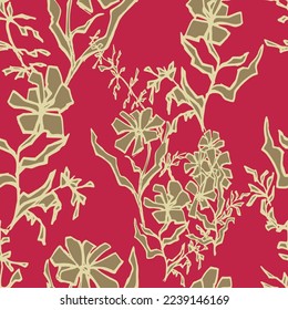Abstract wild flowers in seamless pattern. Hand drawn graphic flowers on a Magenta background.