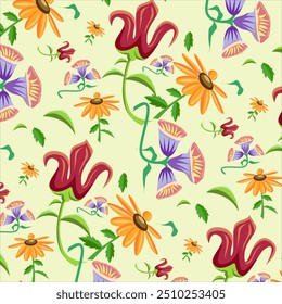 Abstract Wild Flowers Seamless Pattern Wild Meadow florals , colorful Flower bouquet delicate wildflowers. botanical floral on a  Yellow background.  summer floral field for textile, nature wallpaper.