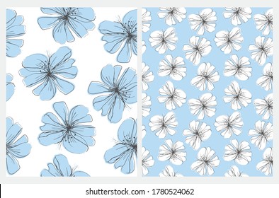 Resumen De Flores Silvestres Vector De Patrón Sin Marea. Cornflores azules sobre fondo blanco. Flores blancas sobre un fondo azul. Sencillo Diseño Jardín. Impresiones de mano floral dibujadas. Diseño floral.