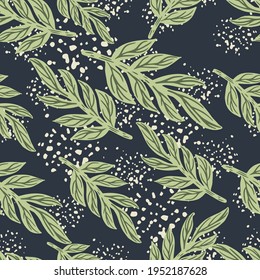 Abstract wild nature seamless pattern with green random leaves branches ornament. Background with splashes. Designed for fabric design, textile print, wrapping, cover. Vector illustration.