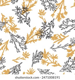 Abstract wild plants and flowers seamless pattern. Botanical ornament of continuous line drawing. Vector floral design.