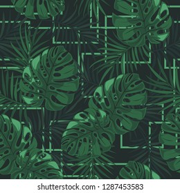 Abstract wild seamless floral pattern with geometric shapes. Flower pattern with hand drawn wild flora. Wild blooming seamless pattern for wallpapers, backgrounds, textures. Vector illustration.