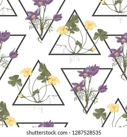 Abstract wild seamless floral pattern with geometric shapes. Flower pattern with hand drawn wild flora. Wild blooming seamless pattern for wallpapers, backgrounds, textures. Vector illustration.