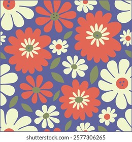 Abstract wildflower pattern. Blooming spring red,blue and off white flowers in elegant. Flowers in pastel colors.eps 10.