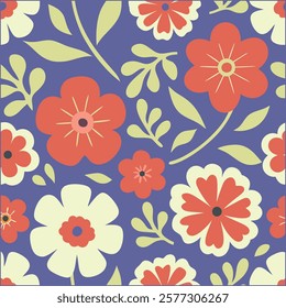 Abstract wildflower pattern. Blooming spring red,blue and off white flowers in elegant. Flowers in pastel colors.eps 10.