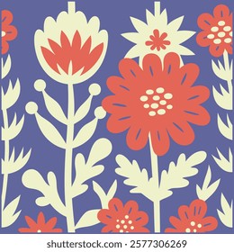 Abstract wildflower pattern. Blooming spring red,blue and off white flowers in elegant. Flowers in pastel colors.eps 10.