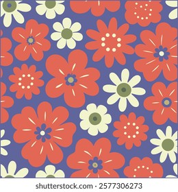 Abstract wildflower pattern. Blooming spring red,blue and off white flowers in elegant. Flowers in pastel colors.eps 10.