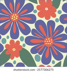 Abstract wildflower pattern. Blooming spring red,blue and off white flowers in elegant. Flowers in pastel colors.eps 10.