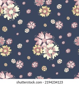 Abstract wildflower vector seamless pattern background. Hand-drawn groups of pink white meadow flowers on navy blue backdrop.Elegant botanical design. Garden florals all over print for baby