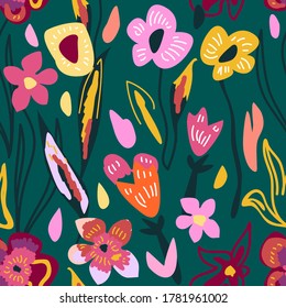 Abstract wildflowers on green background. Sketchy floral print. Seamless pattern with large flowers. Vintage textile collection.